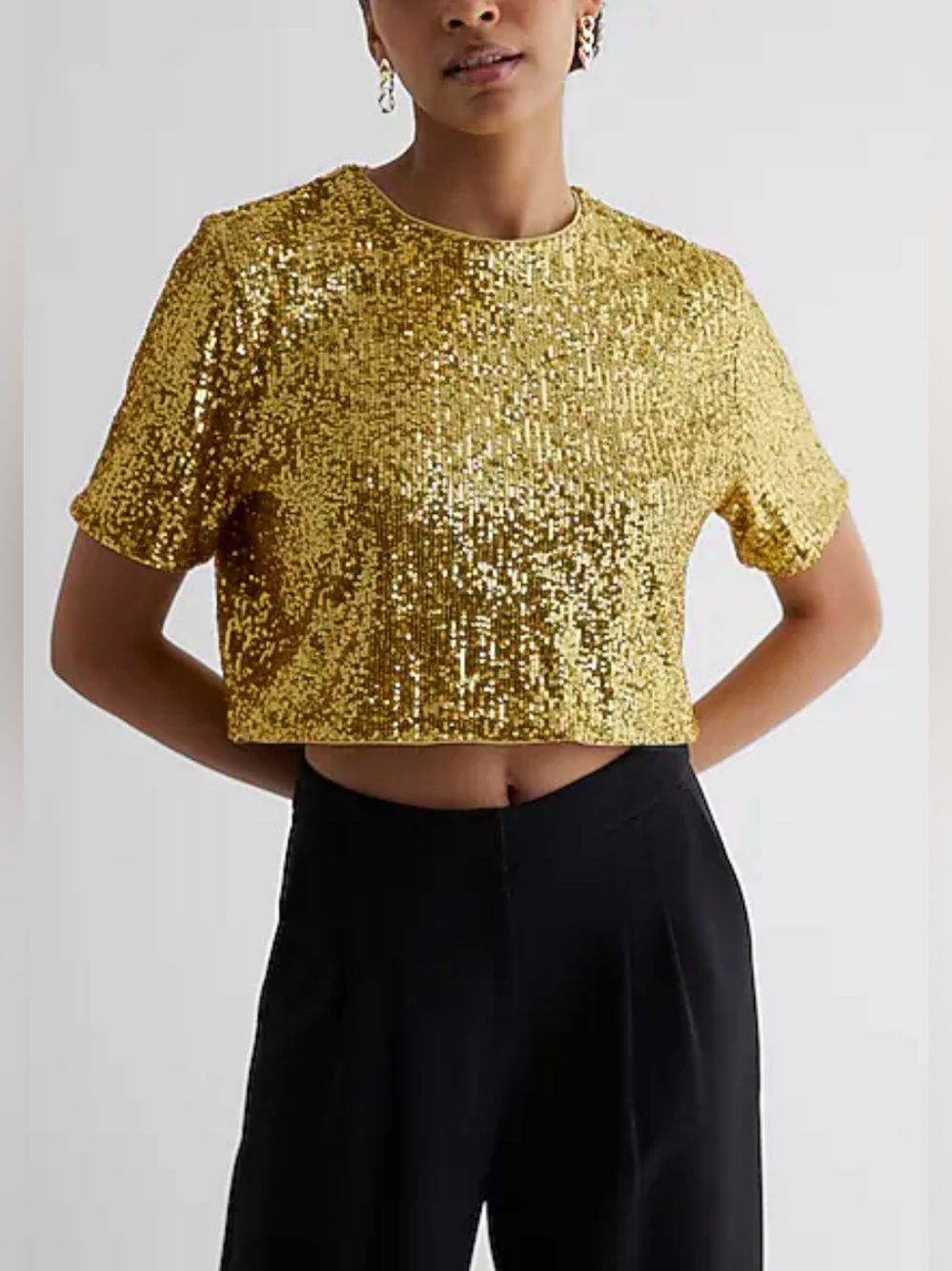 Express Gold Sequin Short Sleeve Crop Top